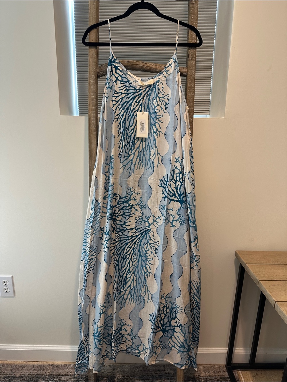 Natalie Martin Blue and White Coral-Print Linen Slip Dress